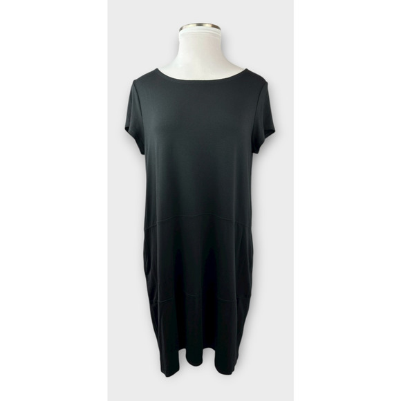 Eileen Fisher Stretch Jersey Knit Round Neck Dress Short Sleeve Pockets Black XL - Picture 2 of 16